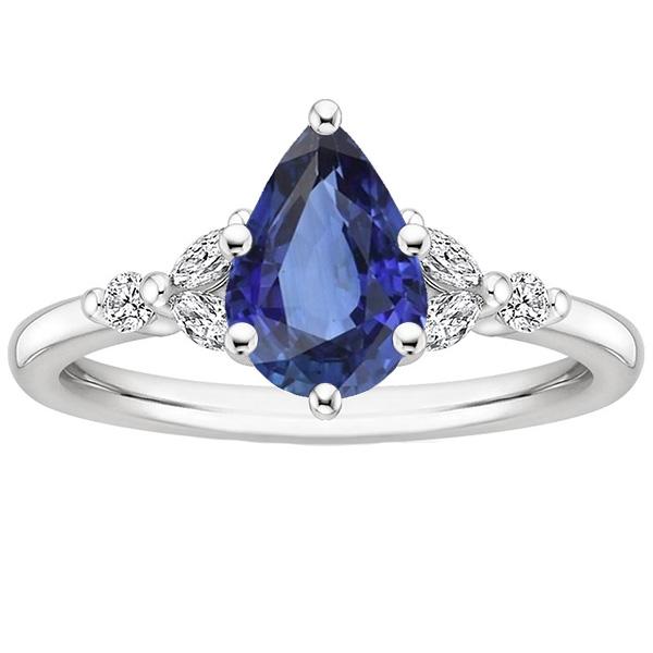 Solitaire Accents Ring Pear Blue Sapphire & Diamonds 4.75 Carats - Gemstone Ring-harrychadent.ca