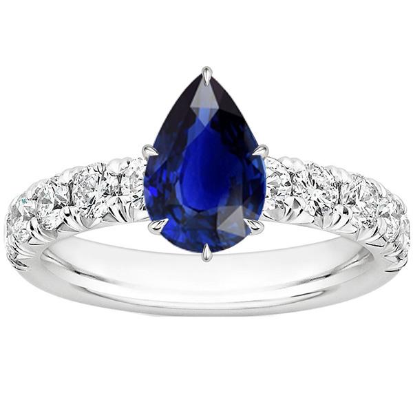 Solitaire Accents Ring Pear Blue Sapphire & Diamonds 5 Carats Pave Set - Gemstone Ring-harrychadent.ca