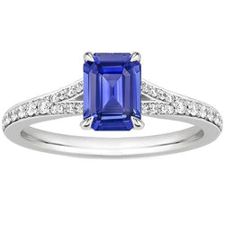 Solitaire Accents Ring White Gold Blue Sapphire & Natural Earth Mined Diamond 4 Carats