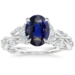 Solitaire Blue Sapphire Ring & Natural Earth Mined Diamond Accents 5.50 Carats Leaf Style