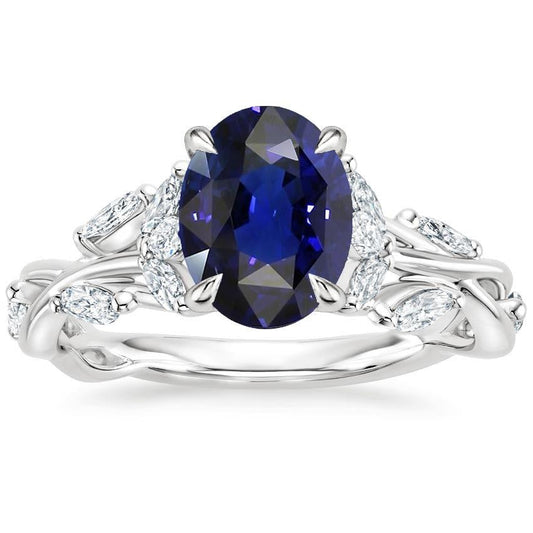 Solitaire Blue Sapphire Ring & Diamond Accents 5.50 Carats Leaf Style - Gemstone Ring-harrychadent.ca