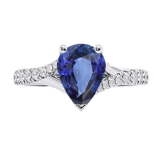 Solitaire Blue Sapphire Ring White Gold Pave Set Diamonds 4 Carats - Gemstone Ring-harrychadent.ca