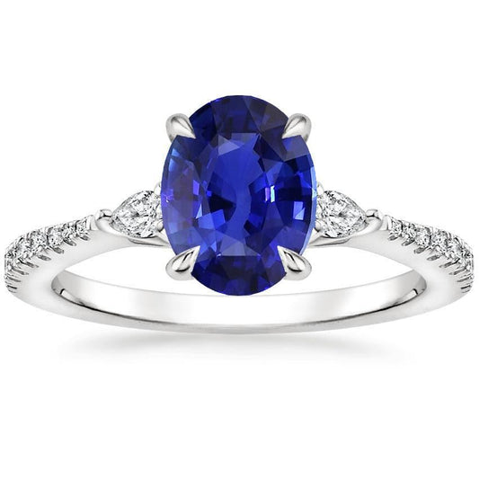 Solitaire Blue Sapphire With Pear & Round Diamond Accent Ring 3 Carats - Gemstone Ring-harrychadent.ca