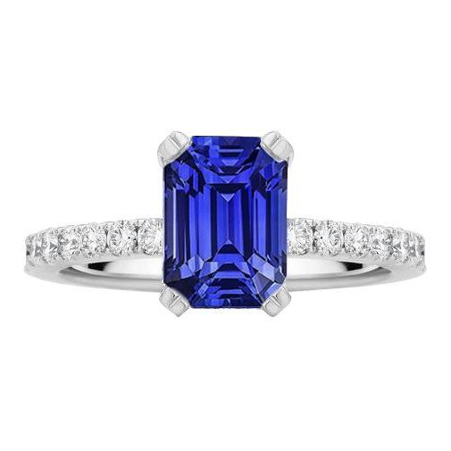 Solitaire Emerald Blue Sapphire Ring & Pave Set Diamonds 3.50 Carats - Gemstone Ring-harrychadent.ca