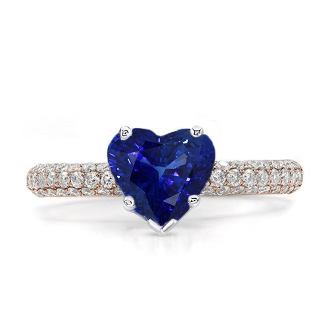 Solitaire Heart Blue Sapphire Ring With Pave Set Diamonds 3.50 Carats - Gemstone Ring-harrychadent.ca