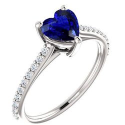 Solitaire Heart Ceylon Sapphire Ring & Pave Set Natural Earth Mined Diamonds 2.50 Carats