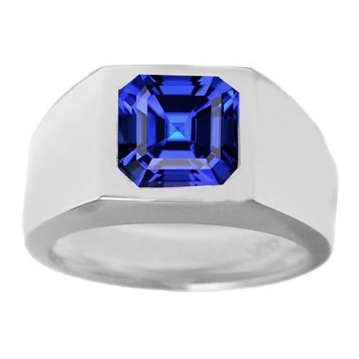 Solitaire Men's Ring 1.50 Carats Flush Set Blue Sapphire Asscher Cut - Gemstone Ring-harrychadent.ca