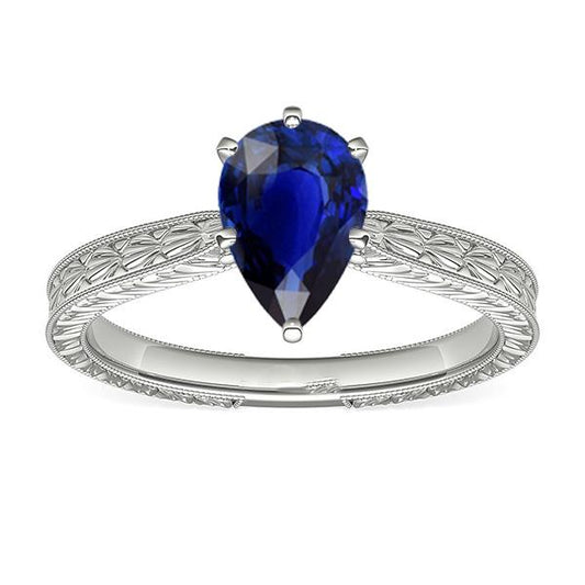 Solitaire Pear Antique Style Blue Sapphire Ring 1.50 Carats White Gold - Gemstone Ring-harrychadent.ca