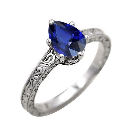 Solitaire Pear Blue Sapphire Ring Antique Style 2 Carats Gold - Gemstone Ring-harrychadent.ca