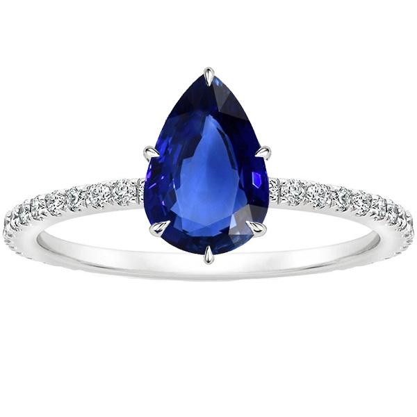 Solitaire Pear Blue Sapphire Ring With Accents Pave Setting 5 Carats - Gemstone Ring-harrychadent.ca