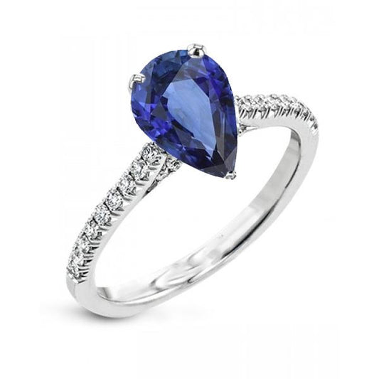 Solitaire Pear Blue Sapphire Ring With Scallop Set Diamonds 3 Carats - Gemstone Ring-harrychadent.ca