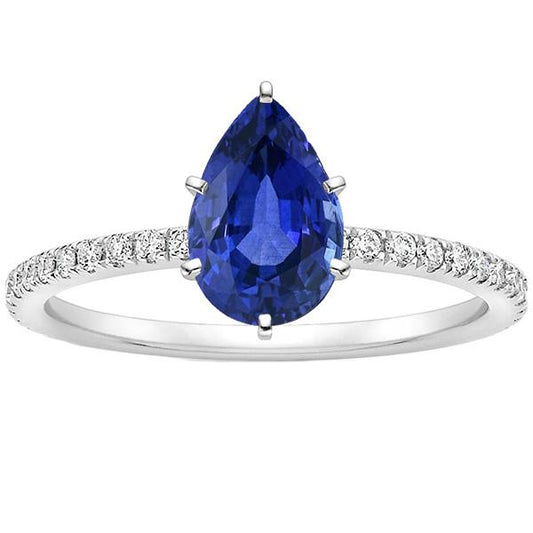 Solitaire Pear Ceylon Sapphire Ring With Accents Pave Set 3.75 Carats - Gemstone Ring-harrychadent.ca