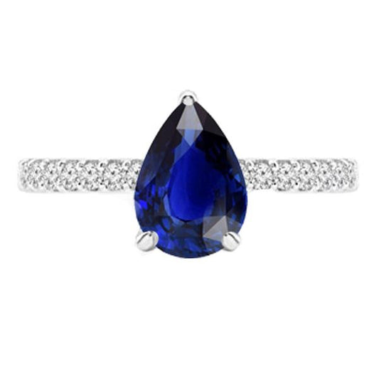 Solitaire Pear Ceylon Sapphire Ring With Diamond Accents 3.50 Carats - Gemstone Ring-harrychadent.ca