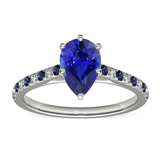 Solitaire Pear Cut Ring With Blue Sapphire & Diamond Accents 2.50 Carats - Gemstone Ring-harrychadent.ca