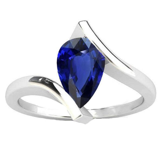 Solitaire Pear Deep Blue Sapphire Ring 14K Gold Tension Style 2 Carats - Gemstone Ring-harrychadent.ca