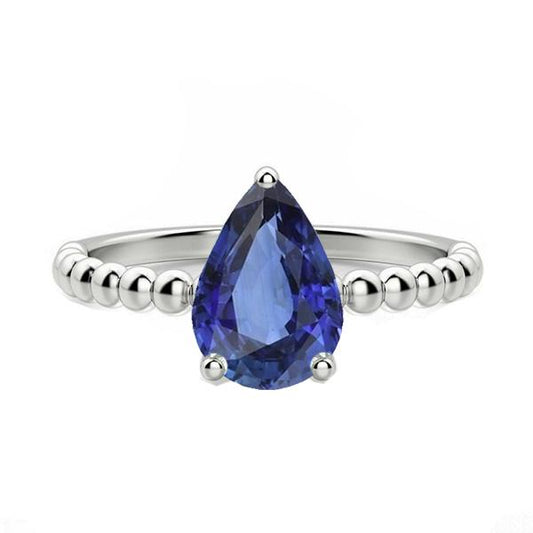 Solitaire Pear Shaped Ceylon Sapphire Ring Beaded Style 2 Carats - Gemstone Ring-harrychadent.ca