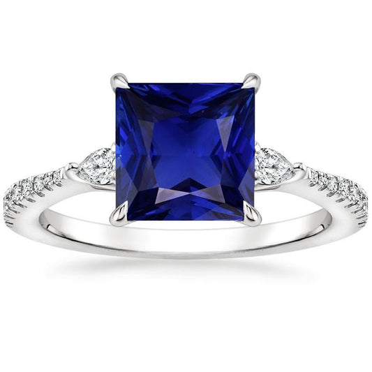 Solitaire Princess Blue Sapphire Pear & Round Diamond Accents 6 Carats - Gemstone Ring-harrychadent.ca