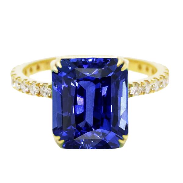 Solitaire Emerald Blue Sapphire Ring With Diamond Accents 4.50 Carats - Gemstone Ring-harrychadent.ca
