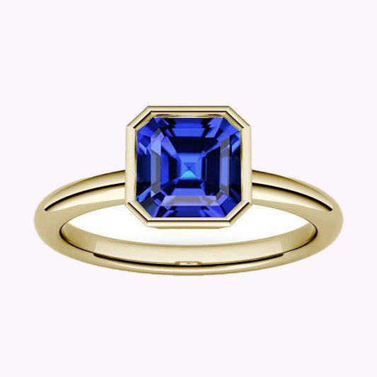 Solitaire Ring 1.50 Carats Bezel Set Asscher Sapphire Yellow Gold 14K - Gemstone Ring-harrychadent.ca