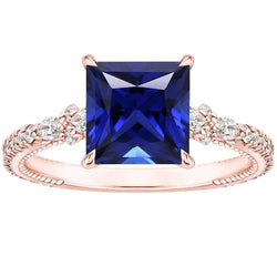 Solitaire Ring Accents Rose Gold Blue Sapphire and Natural Earth Mined Diamond 5.5 Carat