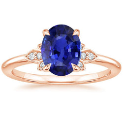 Solitaire Ring Blue Sapphire & Diamond Accents 4 Carats Floral Style