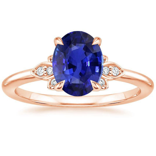 Solitaire Ring Blue Sapphire & Diamond Accents 4 Carats Floral Style - Gemstone Ring-harrychadent.ca