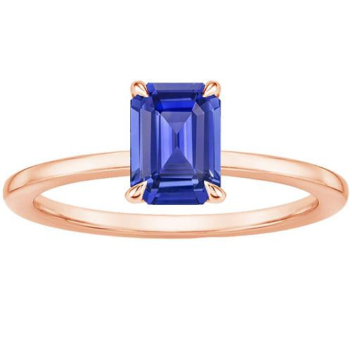 Solitaire Ring Ceylon Sapphire 3 Carats Emerald Cut Rose Gold 14K - Gemstone Ring-harrychadent.ca