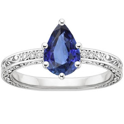 Solitaire Ring Pear Blue Sapphire With Natural Earth Mined Diamond Filigree Shank 4 Carats