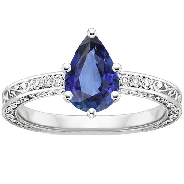 Solitaire Ring Pear Blue Sapphire With Diamond Filigree Shank 4 Carats - Gemstone Ring-harrychadent.ca