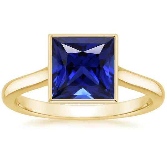 Solitaire Ring Princess Bezel Set Blue Sapphire 5 Carats Yellow Gold - Gemstone Ring-harrychadent.ca