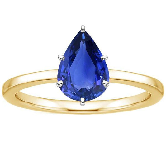 Solitaire Ring Two Tone Gold 14K Pear Ceylon Sapphire 2 Carats - Gemstone Ring-harrychadent.ca