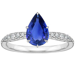 Solitaire Ring With Accents Pear Cut Blue Sapphire & Natural Earth Mined Diamonds 5 Carats