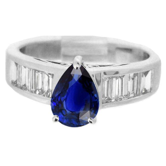Solitaire Ring With Baguette Diamond Accents Blue Sapphire 3.50 Carats - Gemstone Ring-harrychadent.ca
