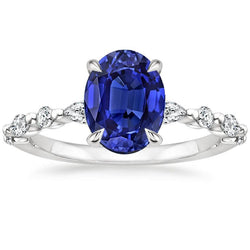 Solitaire Ring With Pear & Round Natural Earth Mined Diamond Accent Blue Sapphire 4 Carats