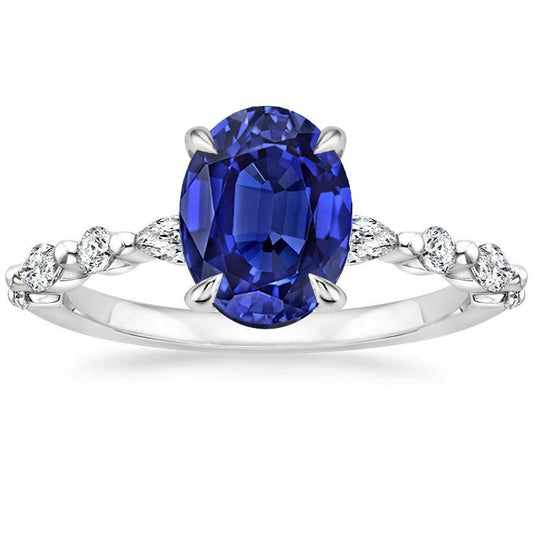 Solitaire Ring With Pear & Round Diamond Accent Blue Sapphire 4 Carats - Gemstone Ring-harrychadent.ca