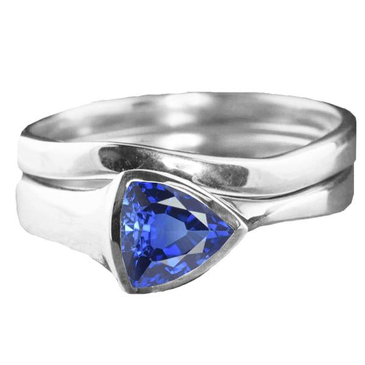 Solitaire Wedding Ring Set Trillion Sapphire 1.50 Carats Bezel Set - Gemstone Ring-harrychadent.ca