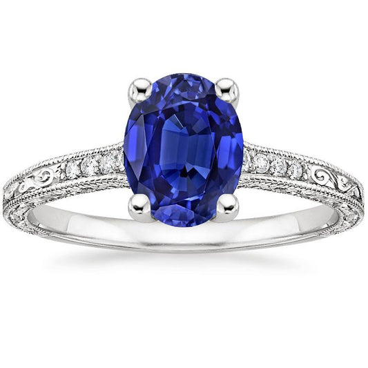 Solitaire With Accents Blue Sapphire Ring Milgrain Shank 3 Carats - Gemstone Ring-harrychadent.ca