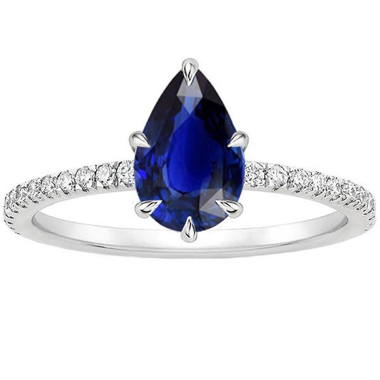 Solitaire With Accents Ring Pear Blue Sapphire & Diamonds 3.50 Carats - Gemstone Ring-harrychadent.ca