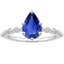 Solitaire With Accents Ring Pear Ceylon Sapphire & Natural Earth Mined Diamonds 3 Carats
