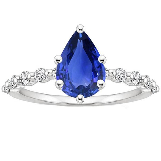 Solitaire With Accents Ring Pear Ceylon Sapphire & Diamonds 3 Carats - Gemstone Ring-harrychadent.ca