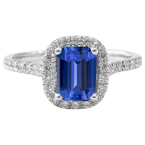Sparkling Diamond Halo Ring Emerald Ceylon Sapphire Gold 3.50 Carats - Gemstone Ring-harrychadent.ca