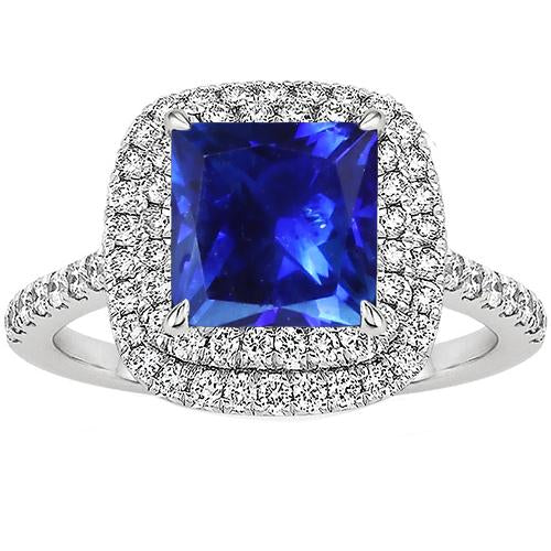 Square Cut Double Halo Sri Lankan Sapphire Ring 4.50 Carats White Gold - Gemstone Ring-harrychadent.ca