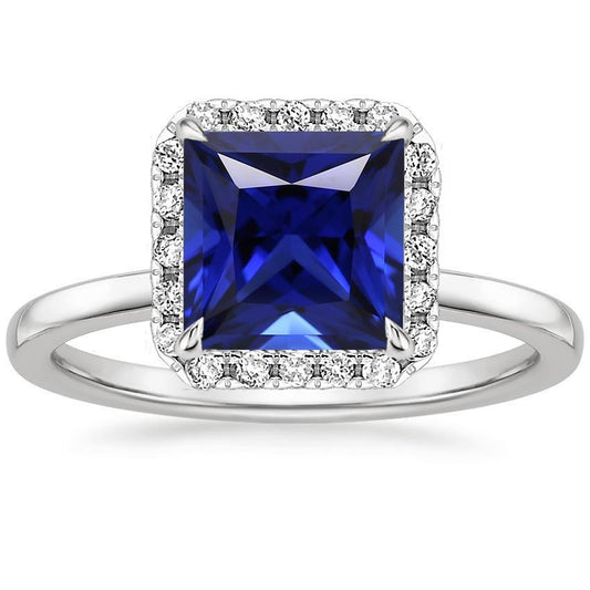 Square Shaped Halo Diamond Ring With Ceylon Blue Sapphire 5.50 Carats - Gemstone Ring-harrychadent.ca