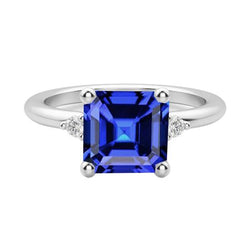 Three Stone Asscher Sapphire Ring 2.75 Carats Small Round Natural Earth Mined Diamonds