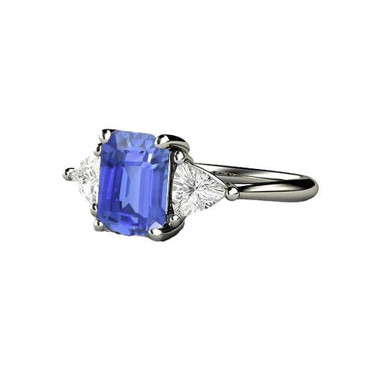 Three Stone Blue Sapphire Emerald & Trillion Diamond Ring 2.50 Carats - Gemstone Ring-harrychadent.ca