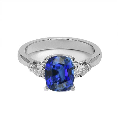 Three Stone Blue Sapphire With Pear Diamonds Ring 4.50 Carats Gold 14K - Gemstone Ring-harrychadent.ca