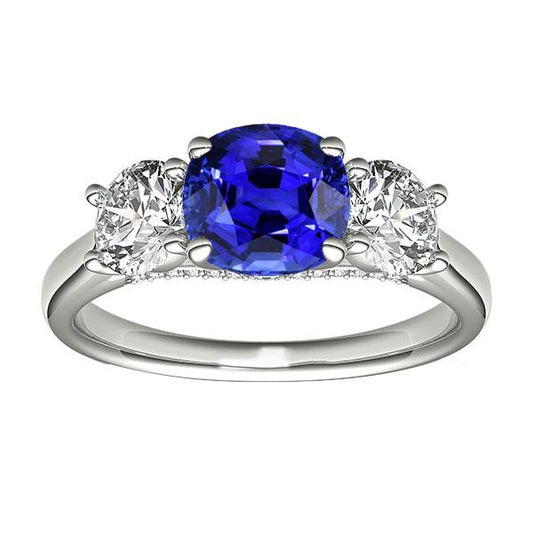 Three Stone Cushion Blue Sapphire Ring 2.50 Carats Diamond Jewelry - Gemstone Ring-harrychadent.ca