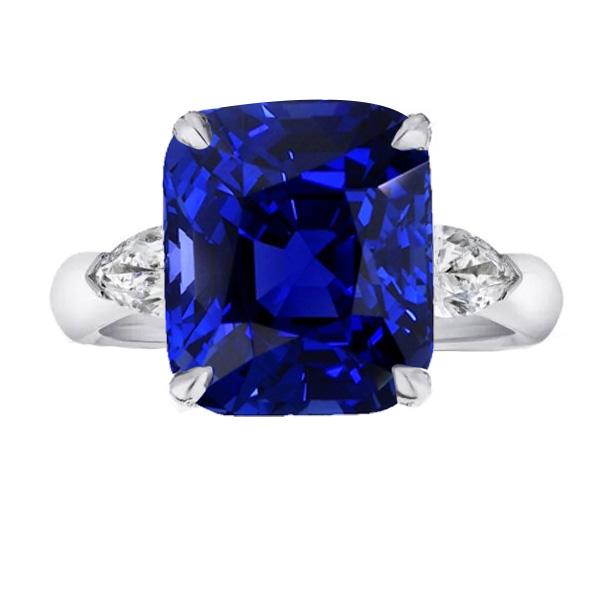 Three Stone Cushion Blue Sapphire Ring & Pear Diamonds 4 Carats - Gemstone Ring-harrychadent.ca