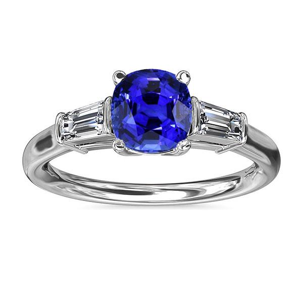 Three Stone Cushion Ceylon Sapphire Ring 2.25 Carats Baguette Diamonds - Gemstone Ring-harrychadent.ca