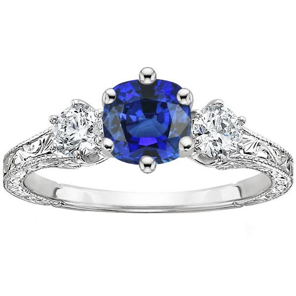 Three Stone Cushion Sapphire Ring Antique Style Diamonds 2.50 Carats - Gemstone Ring-harrychadent.ca